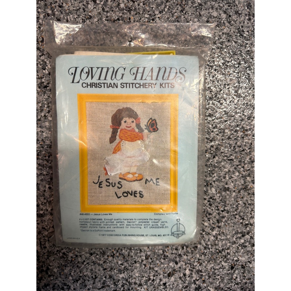 Vintage 1977 Loving Hands Jesus Loves Me Christian Stitchery Kit 4x5 Frame